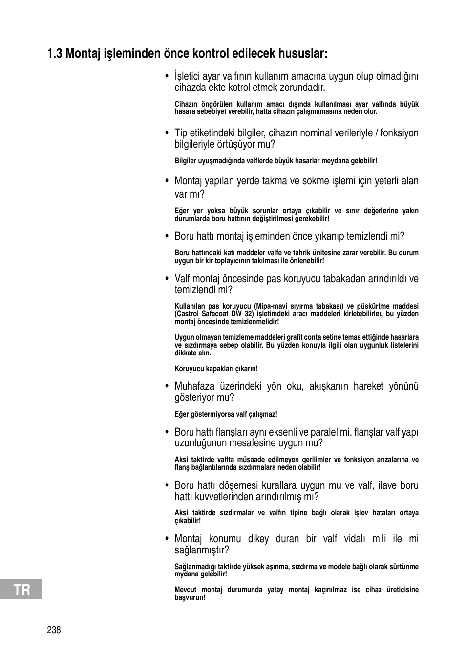 3 montaj işleminden önce kontrol edilecek hususlar | Flowserve Selfacting pressure regulator User Manual | Page 238 / 248