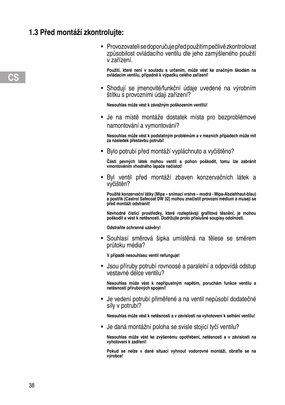 3 před montáží zkontrolujte | Flowserve Selfacting pressure regulator User Manual | Page 38 / 248