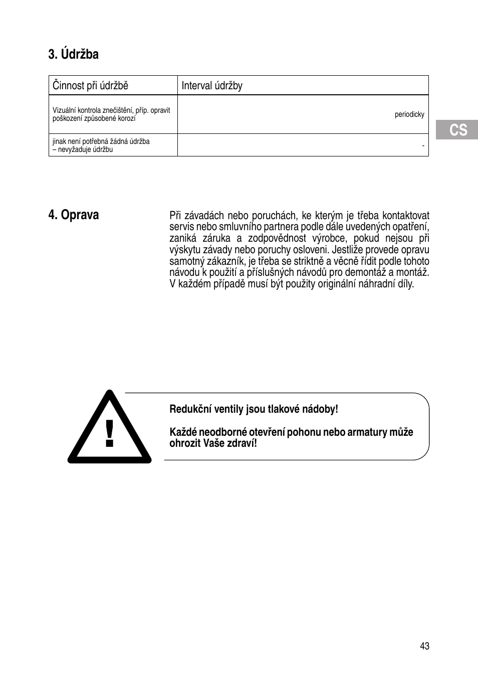 Údržba, Oprava | Flowserve Selfacting pressure regulator User Manual | Page 43 / 248