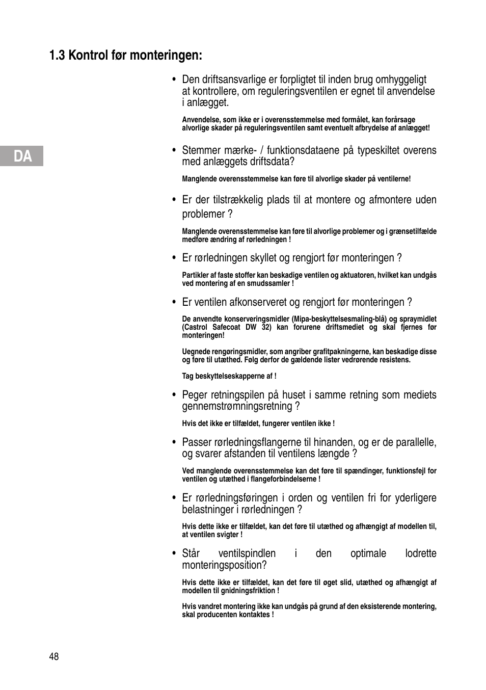 3 kontrol før monteringen | Flowserve Selfacting pressure regulator User Manual | Page 48 / 248