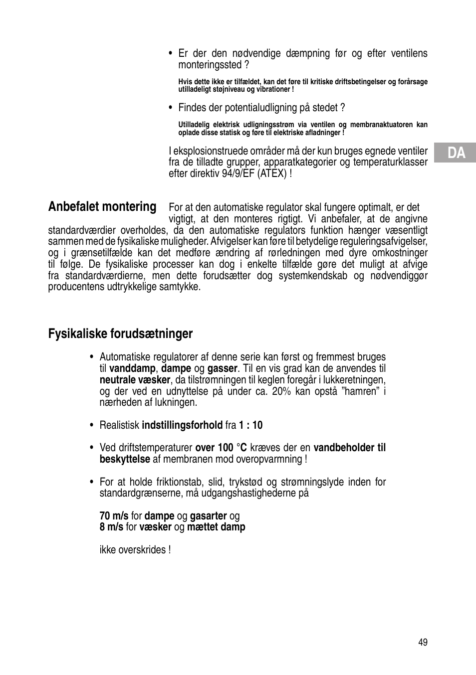 Anbefalet montering, Fysikaliske forudsætninger | Flowserve Selfacting pressure regulator User Manual | Page 49 / 248