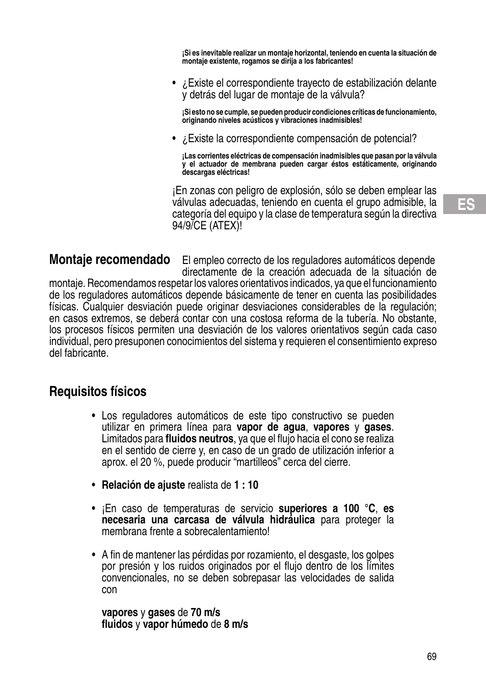 Montaje recomendado, Requisitos físicos | Flowserve Selfacting pressure regulator User Manual | Page 69 / 248