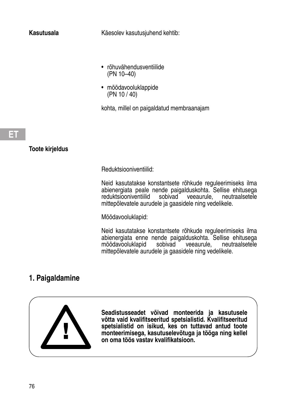 Paigaldamine | Flowserve Selfacting pressure regulator User Manual | Page 76 / 248