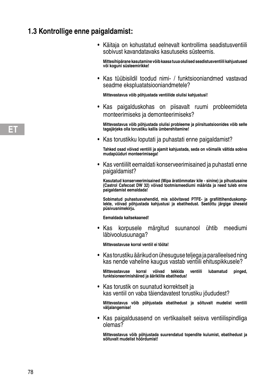 3 kontrollige enne paigaldamist | Flowserve Selfacting pressure regulator User Manual | Page 78 / 248