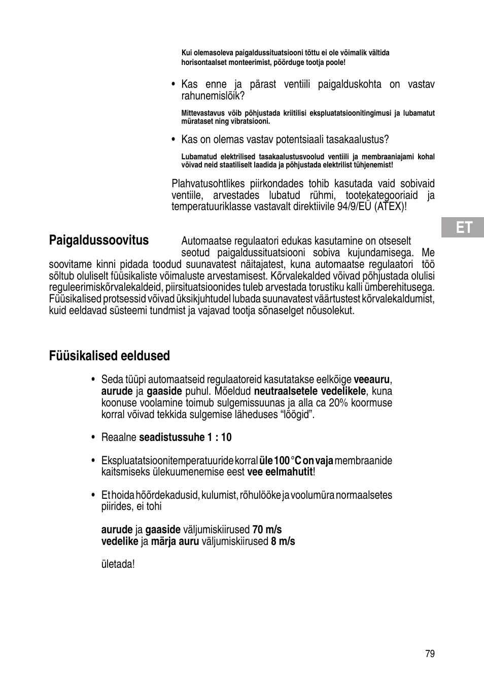 Paigaldussoovitus, Füüsikalised eeldused | Flowserve Selfacting pressure regulator User Manual | Page 79 / 248