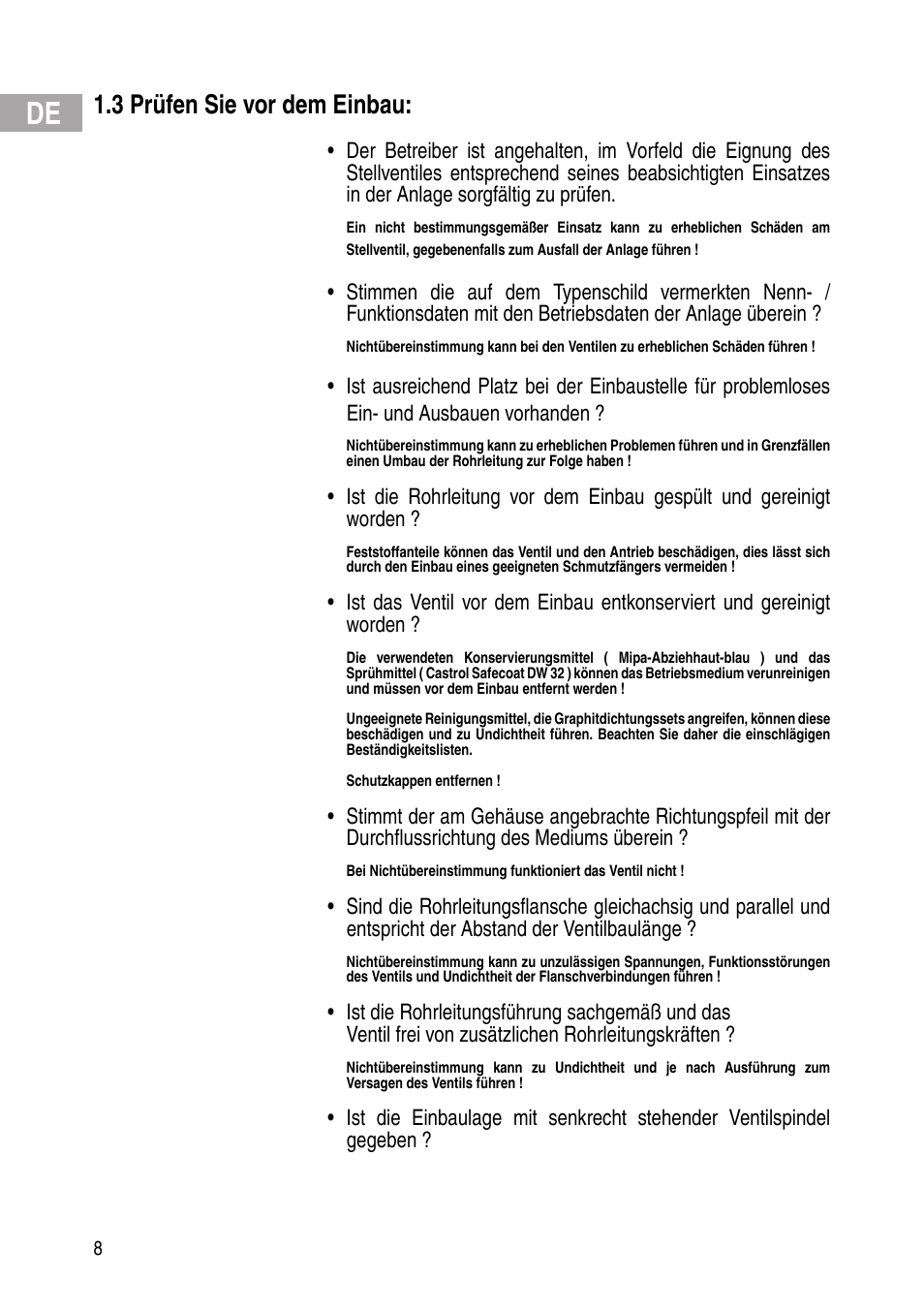 3 prüfen sie vor dem einbau | Flowserve Selfacting pressure regulator User Manual | Page 8 / 248