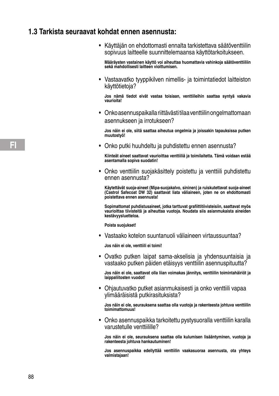 3 tarkista seuraavat kohdat ennen asennusta | Flowserve Selfacting pressure regulator User Manual | Page 88 / 248