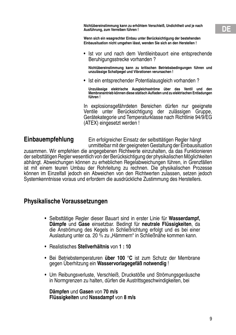 Einbauempfehlung, Physikalische voraussetzungen | Flowserve Selfacting pressure regulator User Manual | Page 9 / 248