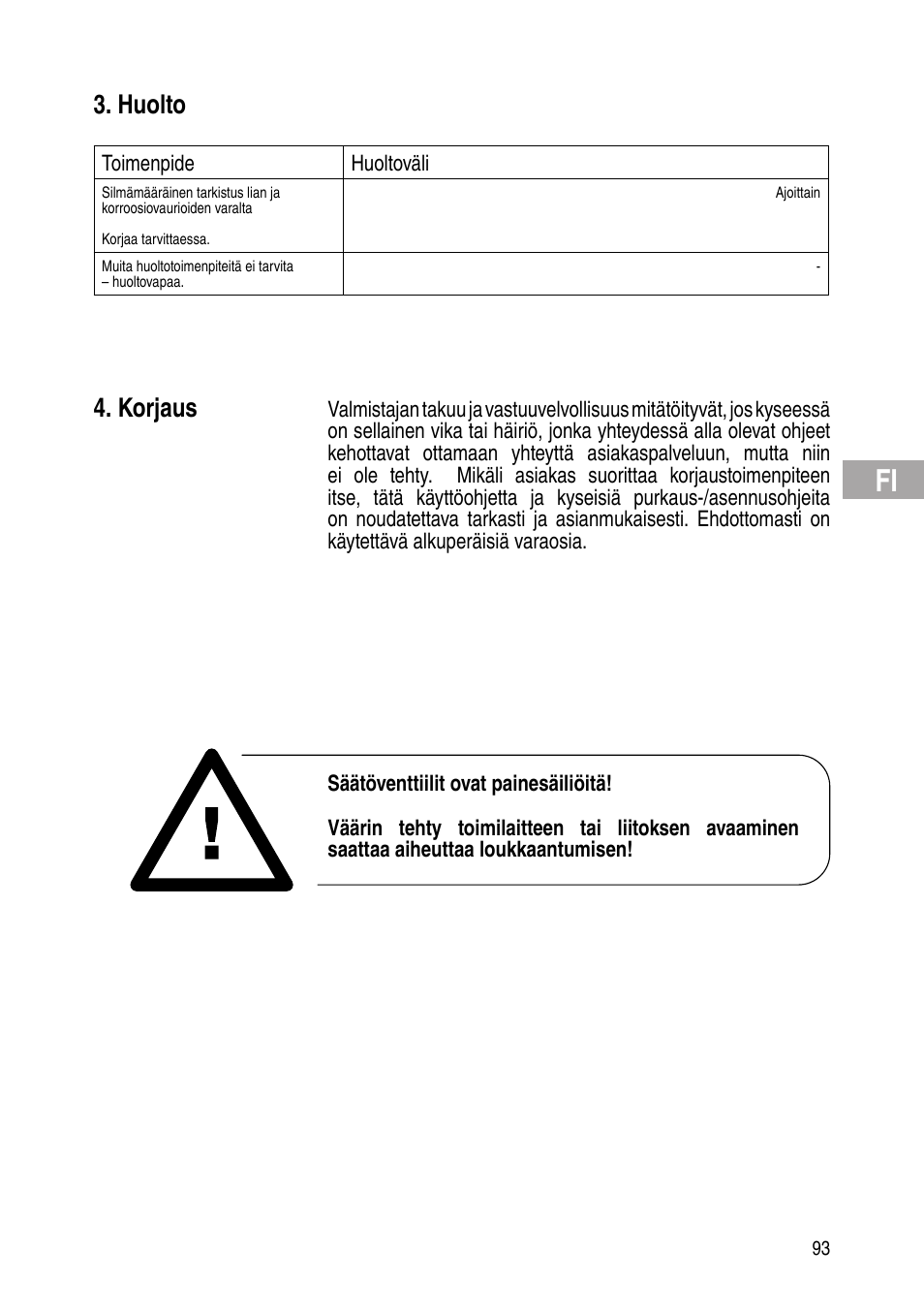 Huolto, Korjaus | Flowserve Selfacting pressure regulator User Manual | Page 93 / 248