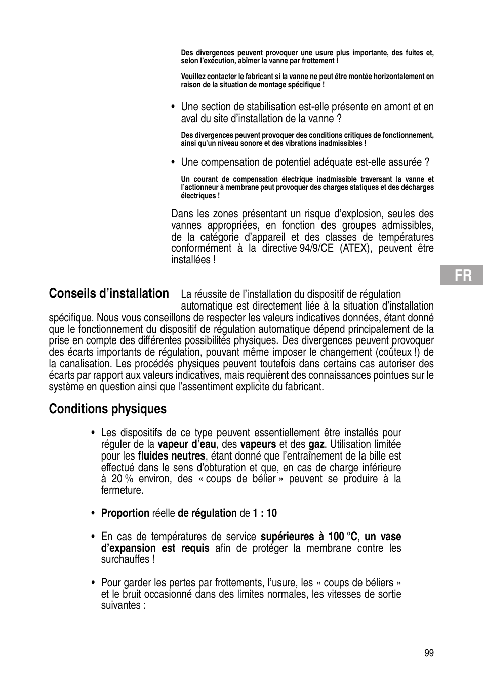 Conseils d’installation, Conditions physiques | Flowserve Selfacting pressure regulator User Manual | Page 99 / 248