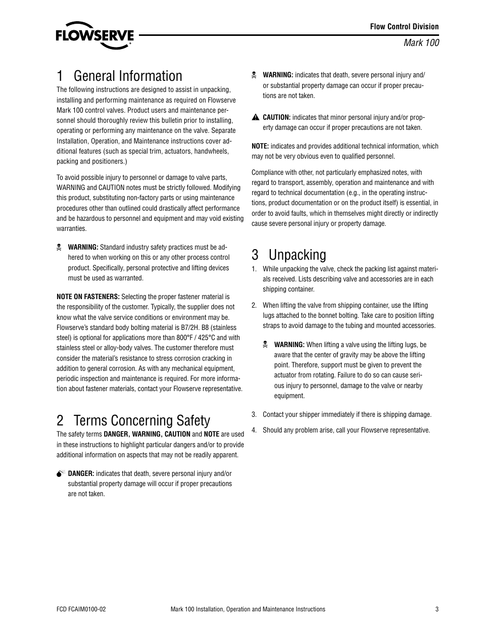 1 general information, 2 terms concerning safety, 3 unpacking | Flowserve Valtek Mark 100 Control Valve User Manual | Page 3 / 12