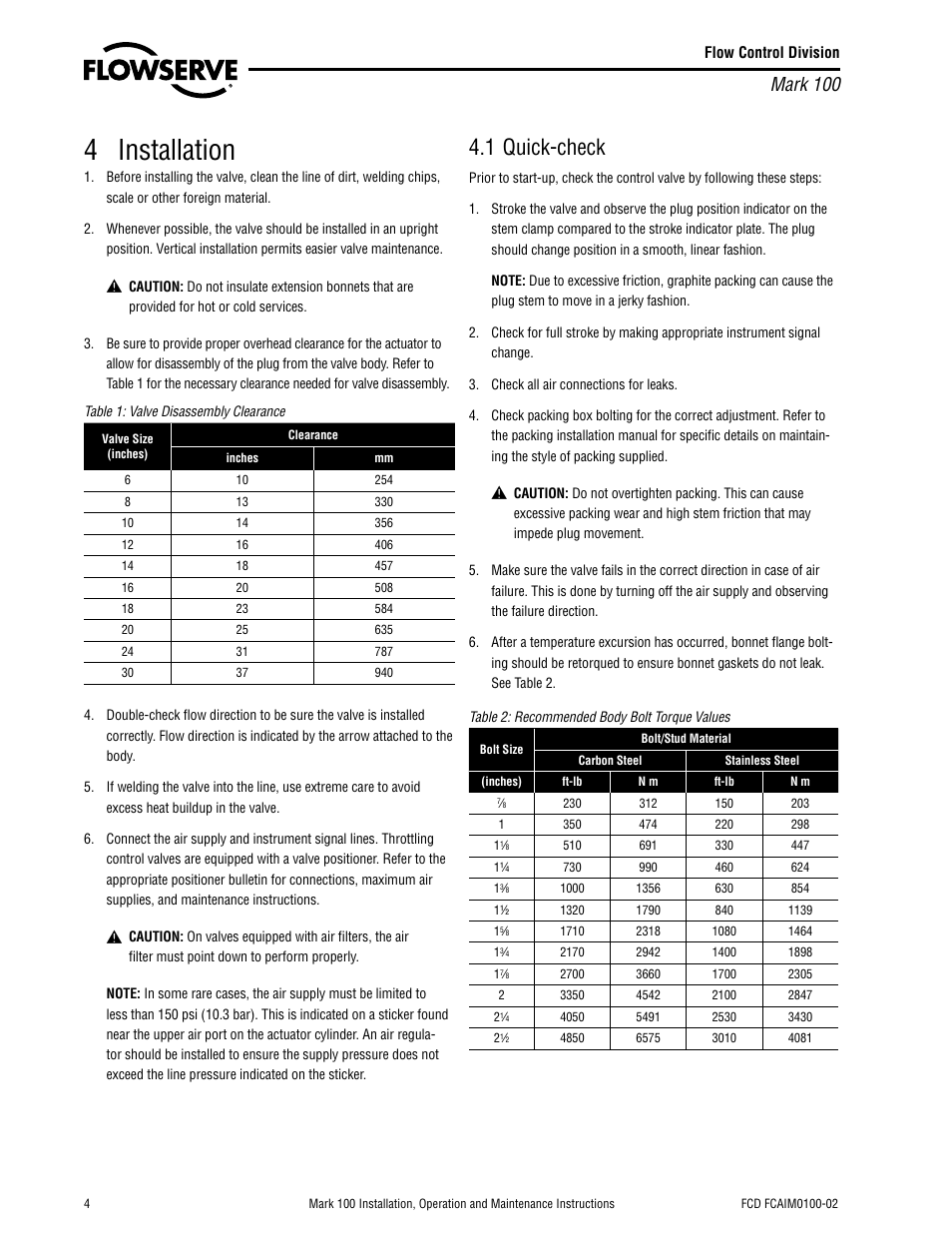 4 installation, 1 quick-check, Mark 100 | Flowserve Valtek Mark 100 Control Valve User Manual | Page 4 / 12