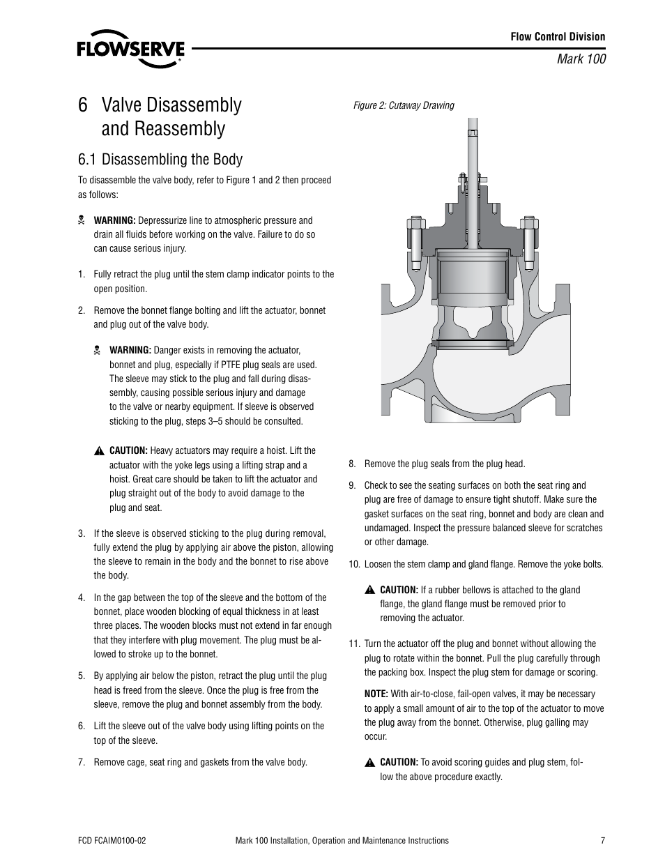 6 valve disassembly and reassembly, 1 disassembling the body | Flowserve Valtek Mark 100 Control Valve User Manual | Page 7 / 12