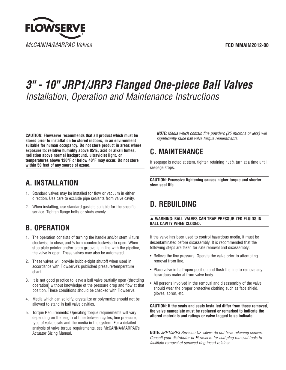 Flowserve J Series Ball Valve User Manual | 4 pages