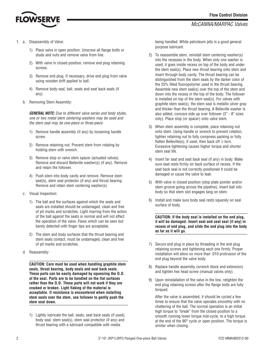 Mccanna/marpac valves | Flowserve J Series Ball Valve User Manual | Page 2 / 4