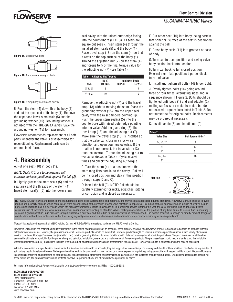 Reassembly, Mccanna/marpac valves, Flow control division | Flowserve E325 User Manual | Page 2 / 2