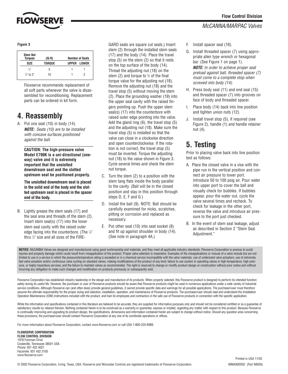 Reassembly, Testing, Mccanna/marpac valves | Flowserve E790 User Manual | Page 2 / 2
