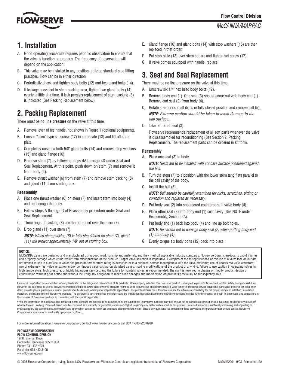 Installation, Packing replacement, Seat and seal replacement | Mccanna/marpac | Flowserve DI-B800 User Manual | Page 2 / 2