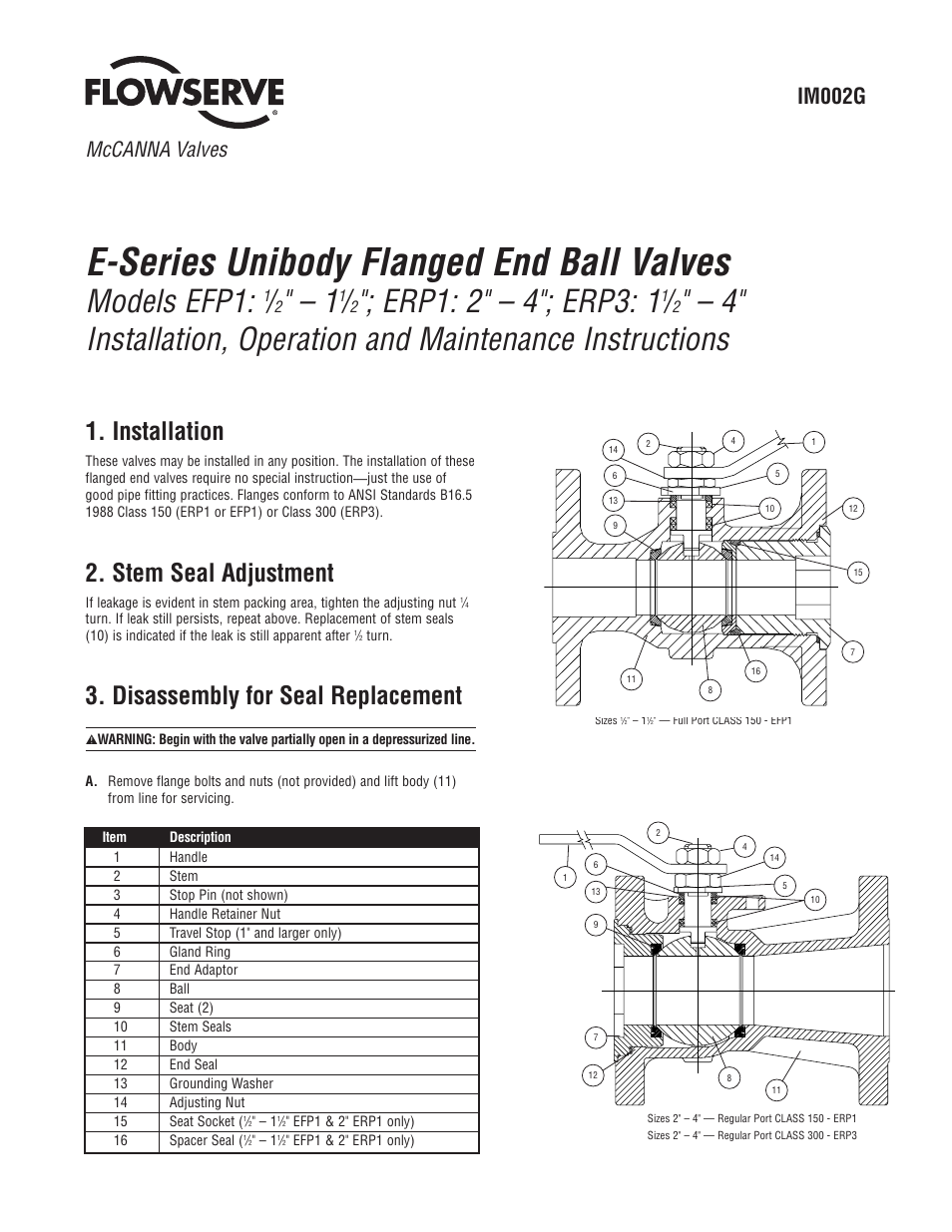 Flowserve E-Series Unibody Flanged User Manual | 4 pages