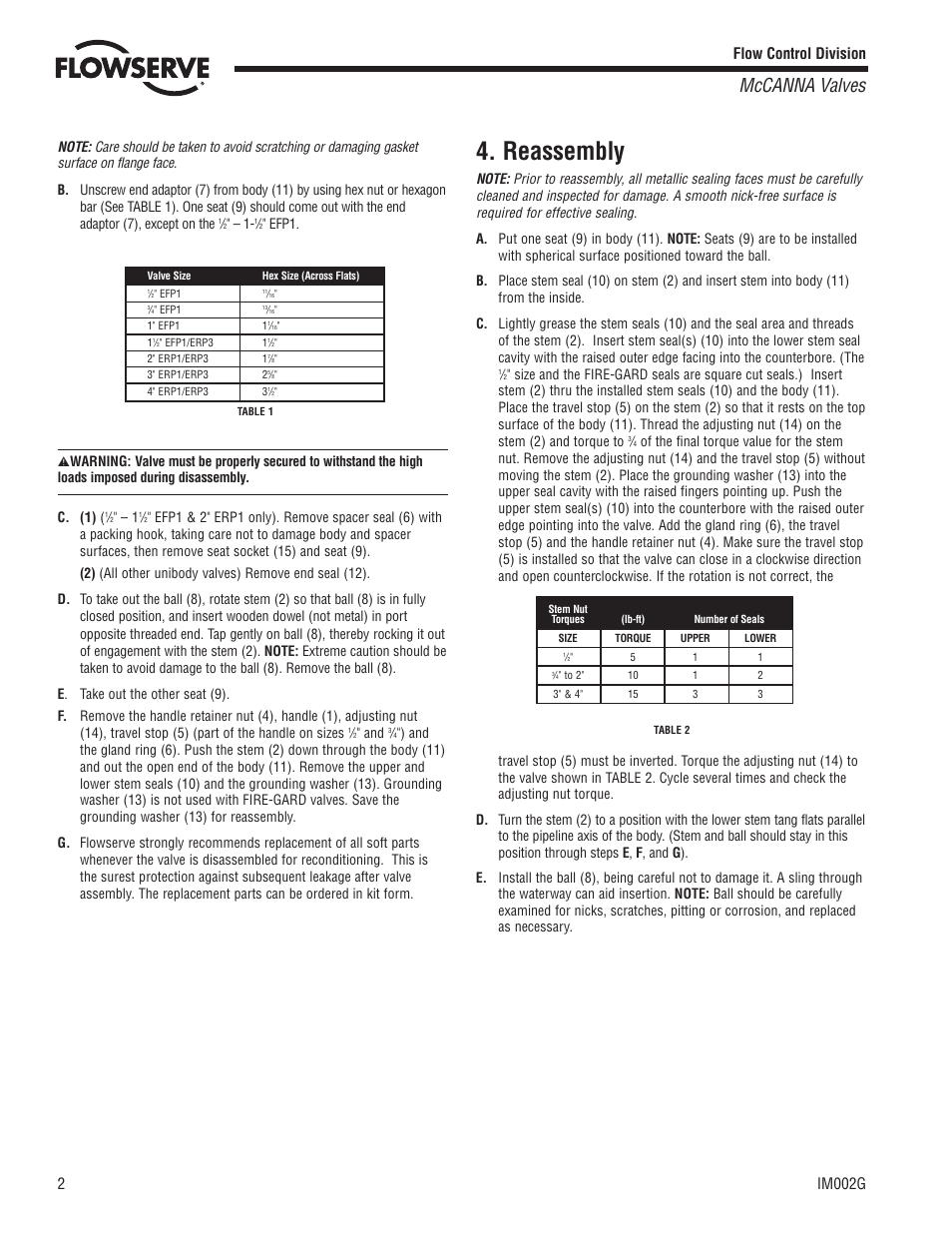 Reassembly, Mccanna valves, Flow control division | 2im002g | Flowserve E-Series Unibody Flanged User Manual | Page 2 / 4