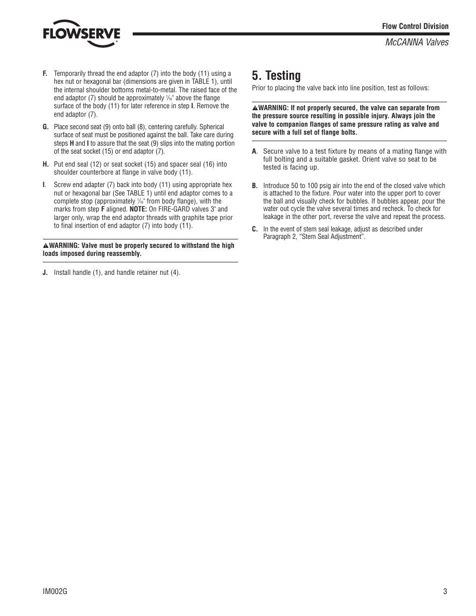 Testing, Mccanna valves | Flowserve E-Series Unibody Flanged User Manual | Page 3 / 4