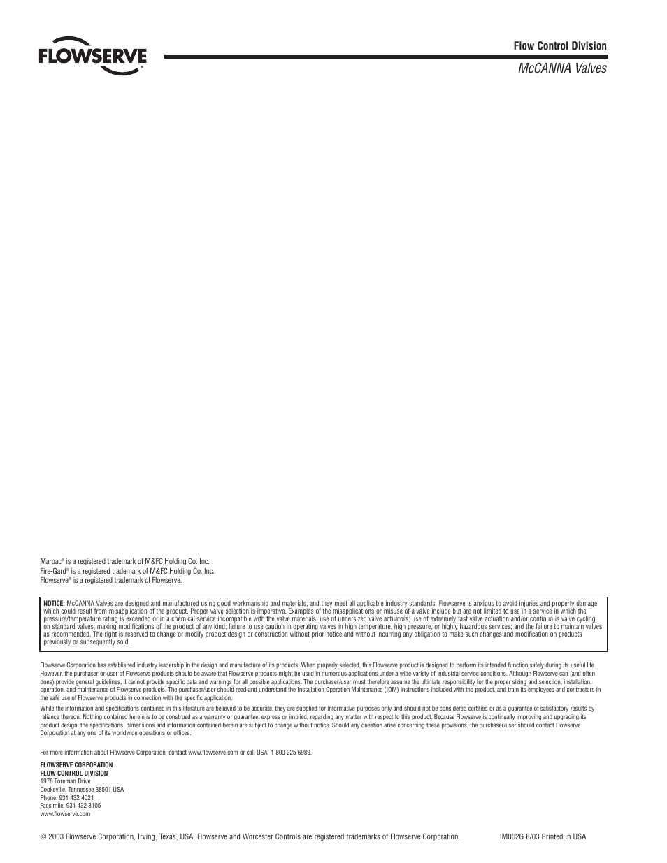 Mccanna valves, Flow control division | Flowserve E-Series Unibody Flanged User Manual | Page 4 / 4