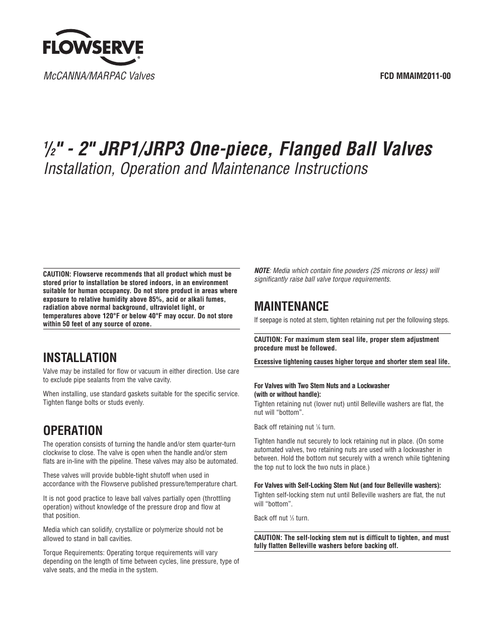 Flowserve J Series Ball Valve User Manual | 4 pages