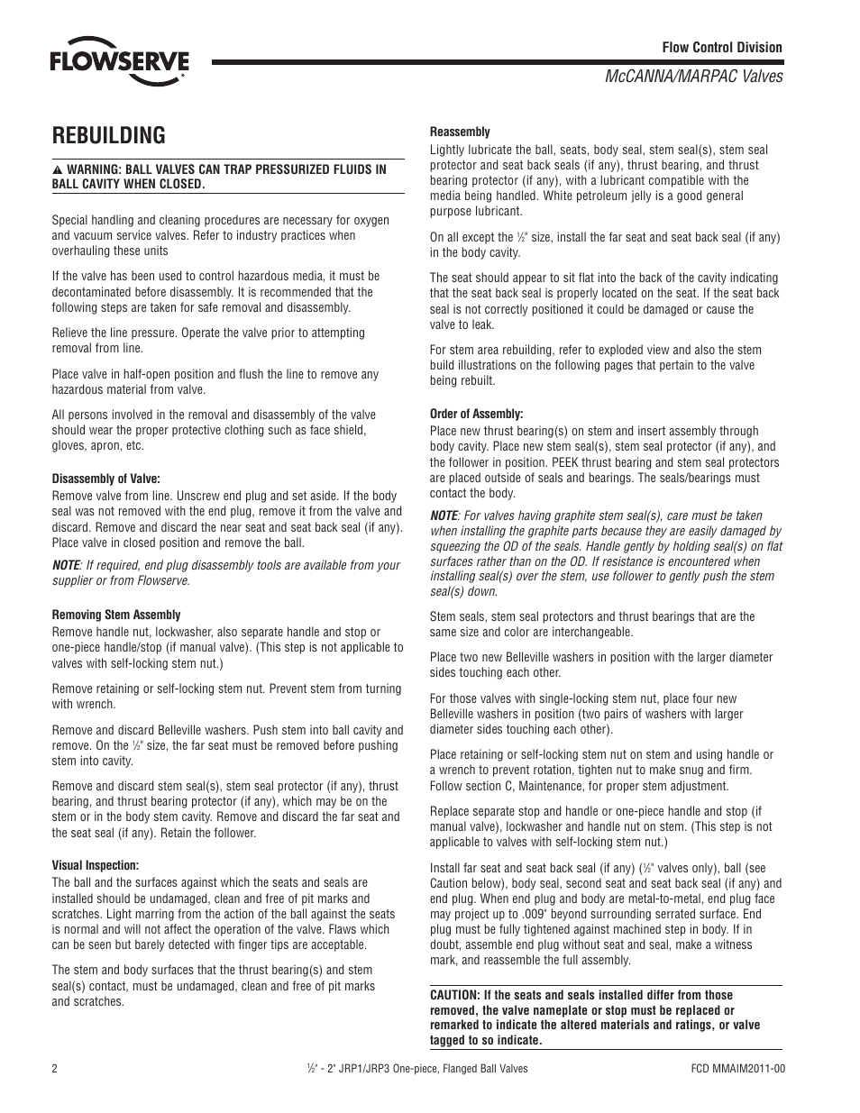 Rebuilding, Mccanna/marpac valves | Flowserve J Series Ball Valve User Manual | Page 2 / 4