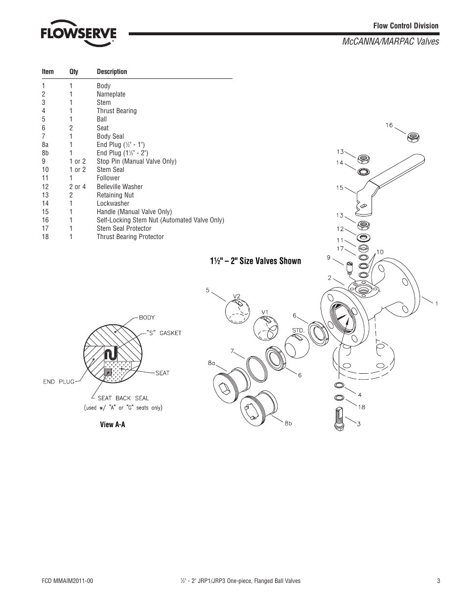 Mccanna/marpac valves, 1½" – 2" size valves shown | Flowserve J Series Ball Valve User Manual | Page 3 / 4