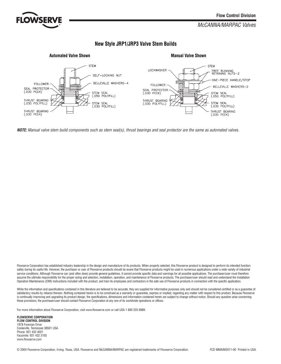 Mccanna/marpac valves, New style jrp1/jrp3 valve stem builds | Flowserve J Series Ball Valve User Manual | Page 4 / 4