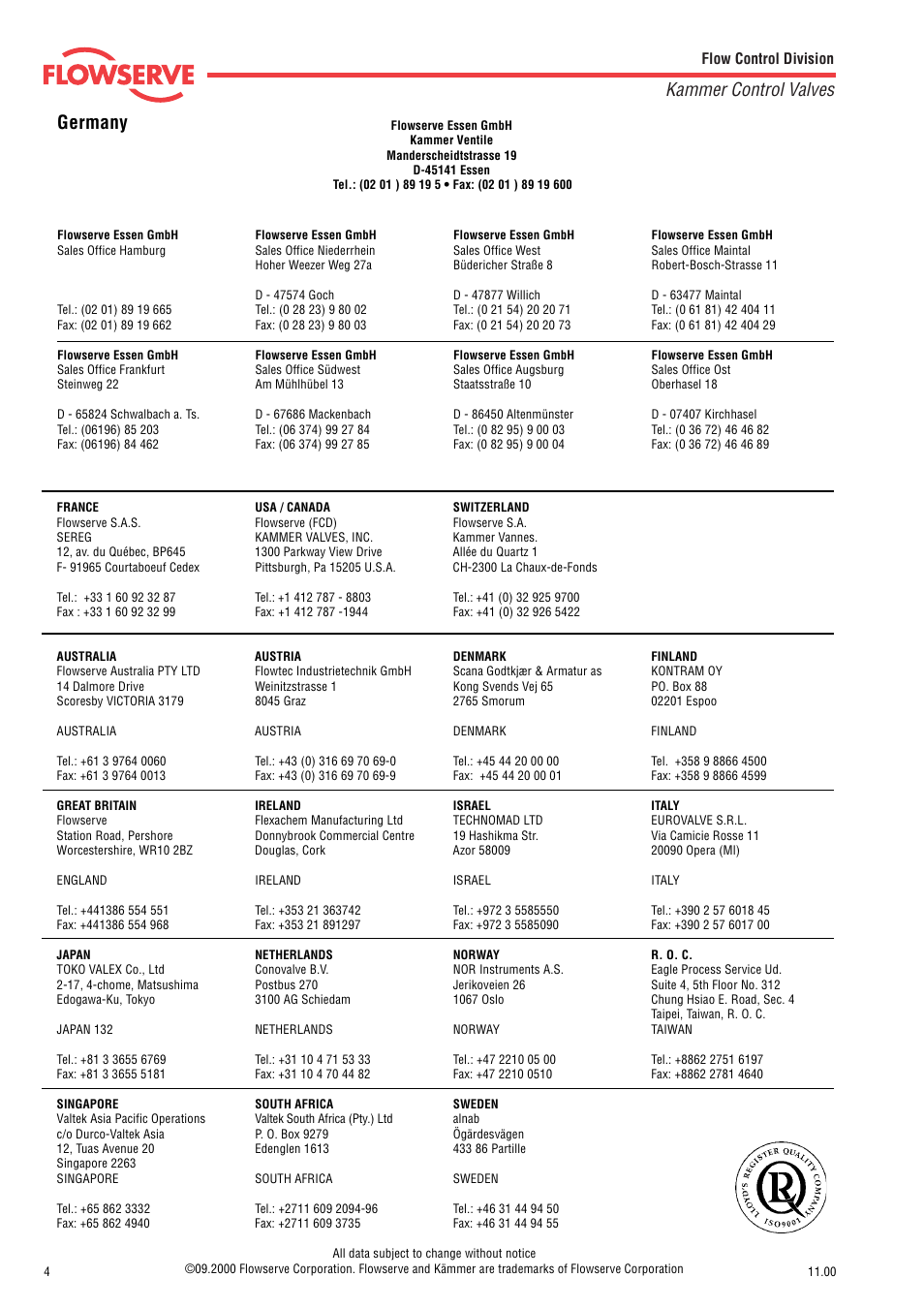 Kammer control valves, Germany | Flowserve 191 000 Series User Manual | Page 4 / 4