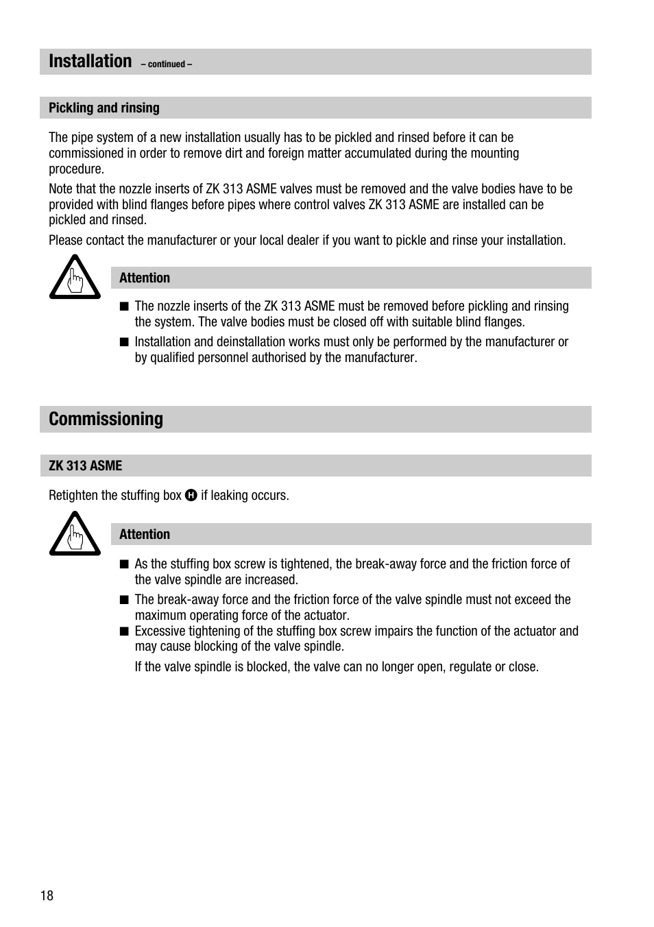 Installation, Commissioning | Flowserve ZK 313 ASME User Manual | Page 18 / 20