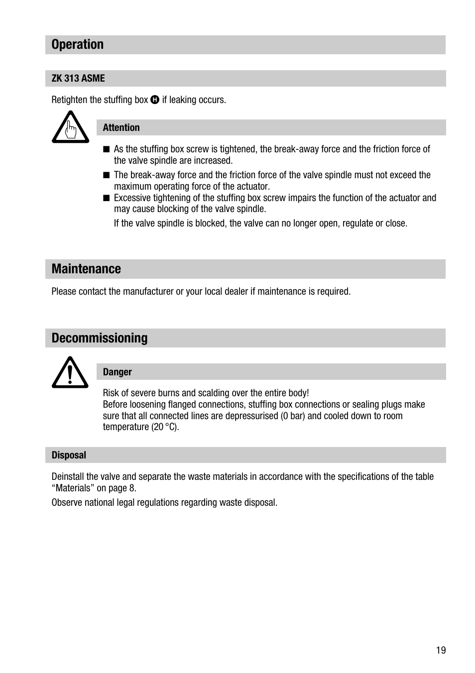 Operation, Decommissioning, Maintenance | Flowserve ZK 313 ASME User Manual | Page 19 / 20