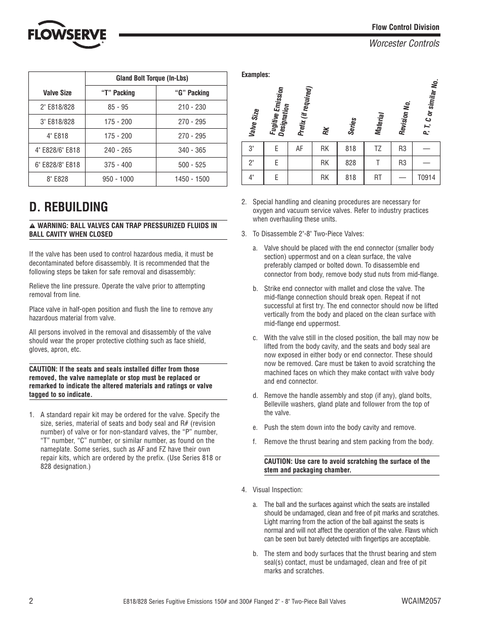 D. rebuilding, Worcester controls | Flowserve E818 Series User Manual | Page 2 / 8