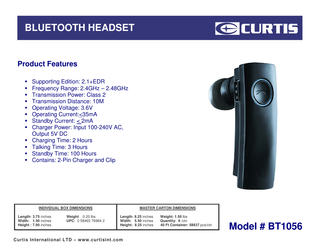 Curtis BT1056 User Manual | 1 page