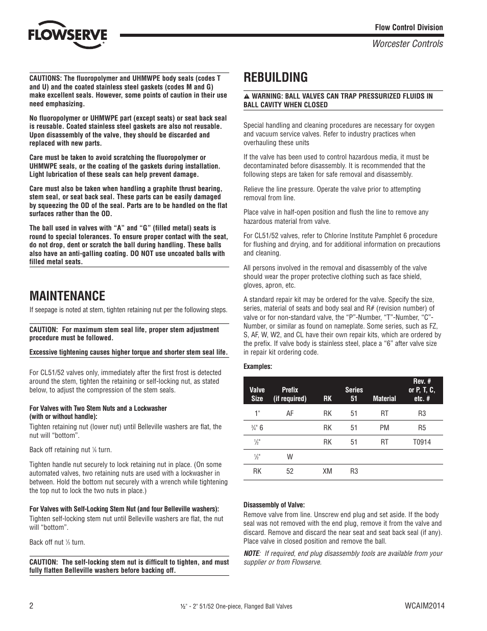 Maintenance, Rebuilding, Worcester controls | Flowserve 51 Series Flanged Ball Valves User Manual | Page 2 / 8