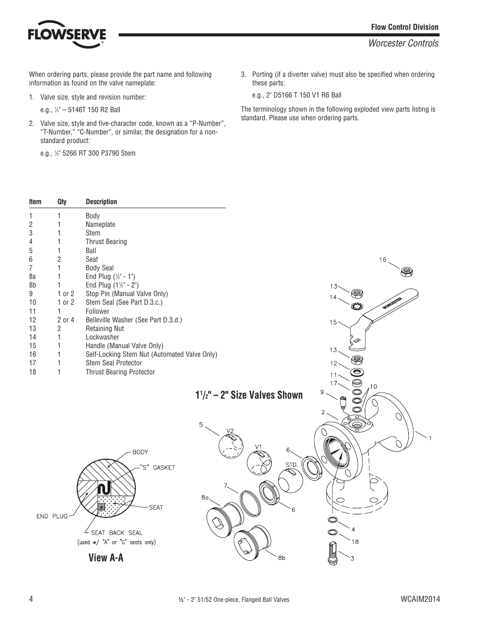 2" size valves shown view a-a, Worcester controls | Flowserve 51 Series Flanged Ball Valves User Manual | Page 4 / 8