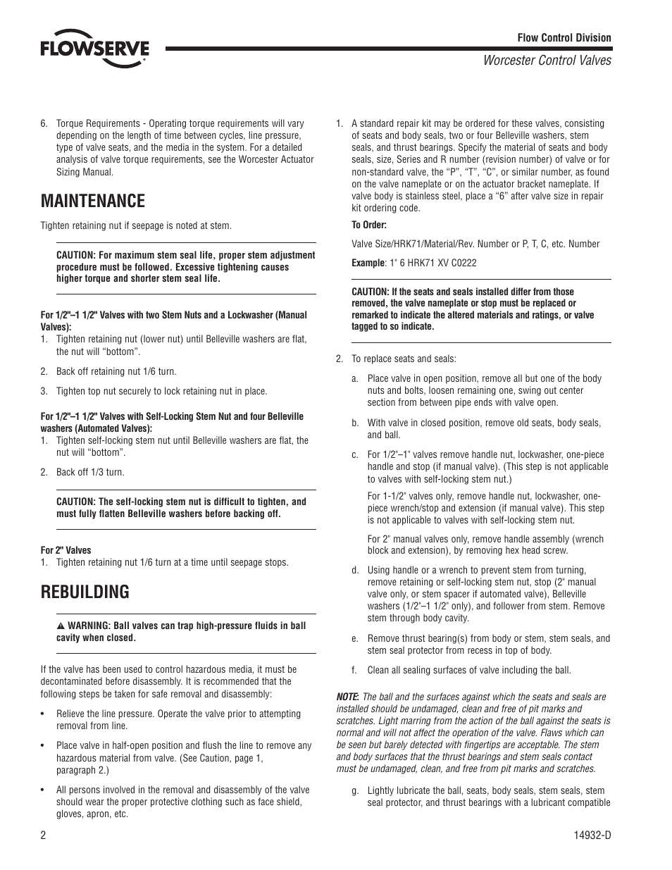 Maintenance, Rebuilding, Worcester control valves | Flowserve H71 Series User Manual | Page 2 / 4