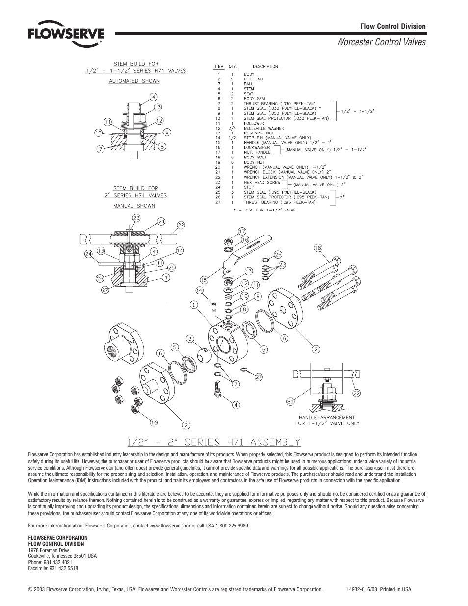 Worcester control valves | Flowserve H71 Series User Manual | Page 4 / 4