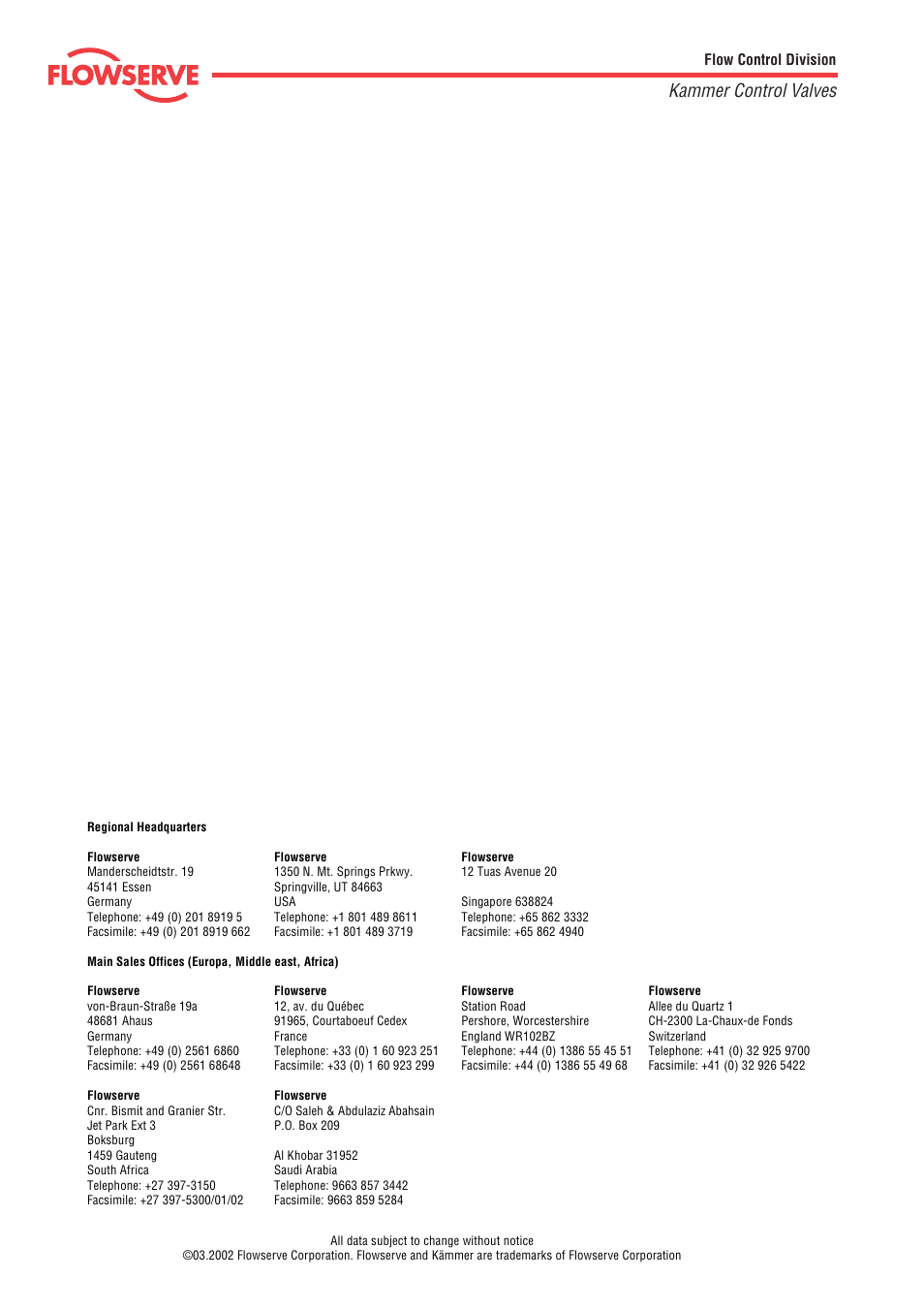 Kammer control valves | Flowserve 4 Series Kämmer Pneumatic and Electropneumatic Actuators User Manual | Page 24 / 24