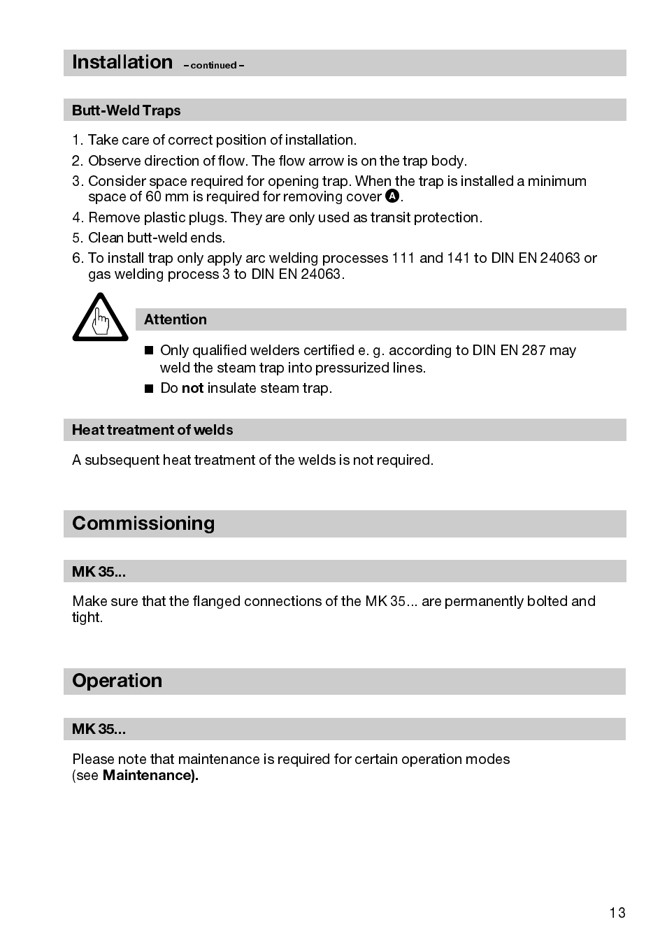 Commissioning operation, Installation | Flowserve MK35/2S User Manual | Page 13 / 16