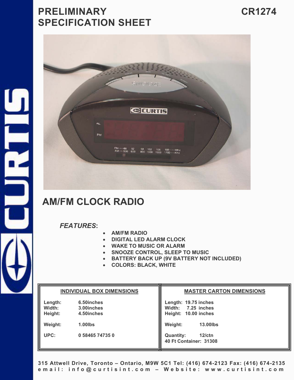 Curtis cr1274 User Manual | 1 page