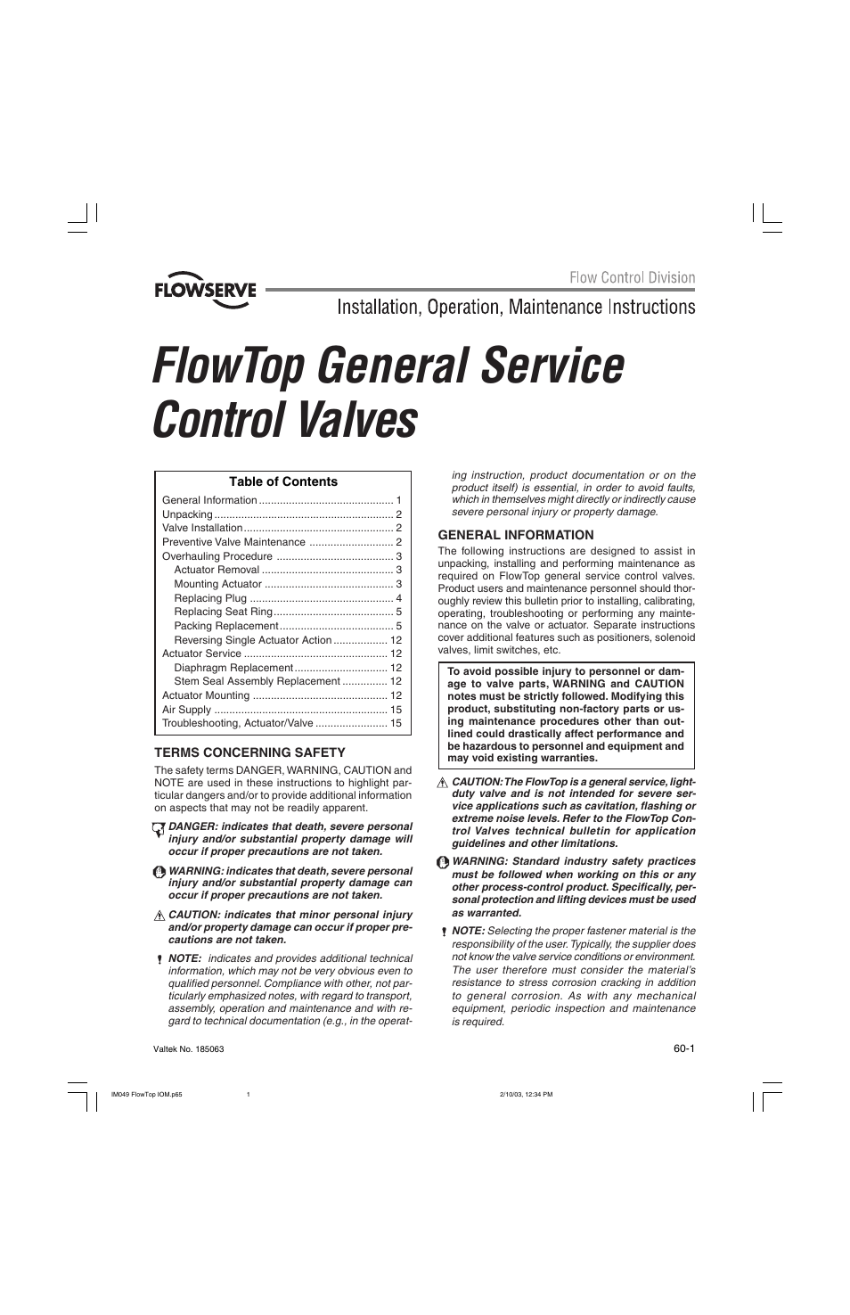 Flowserve Valtek FlowTop General Service Control Valve User Manual | 16 pages