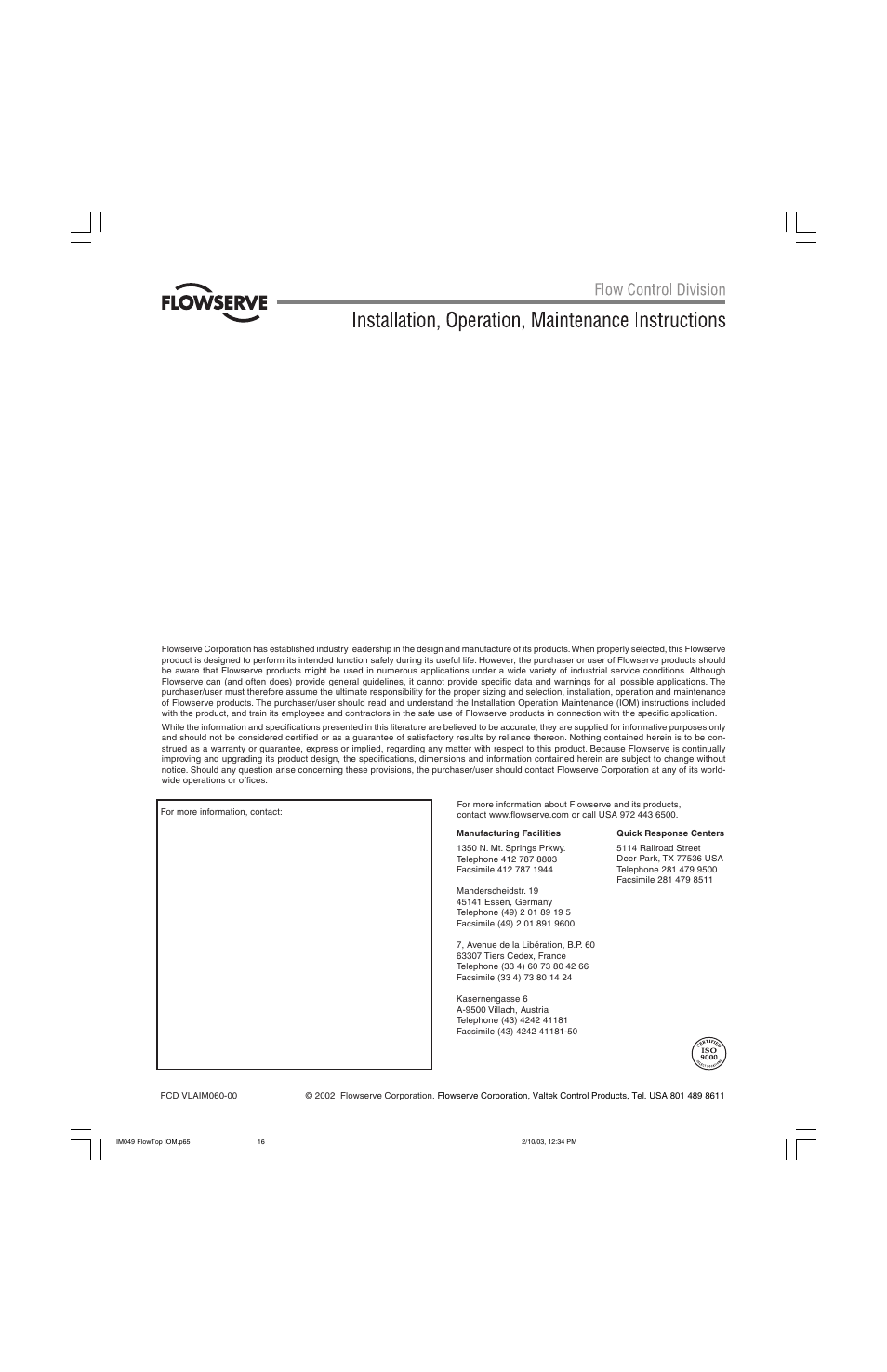 Flowserve Valtek FlowTop General Service Control Valve User Manual | Page 16 / 16