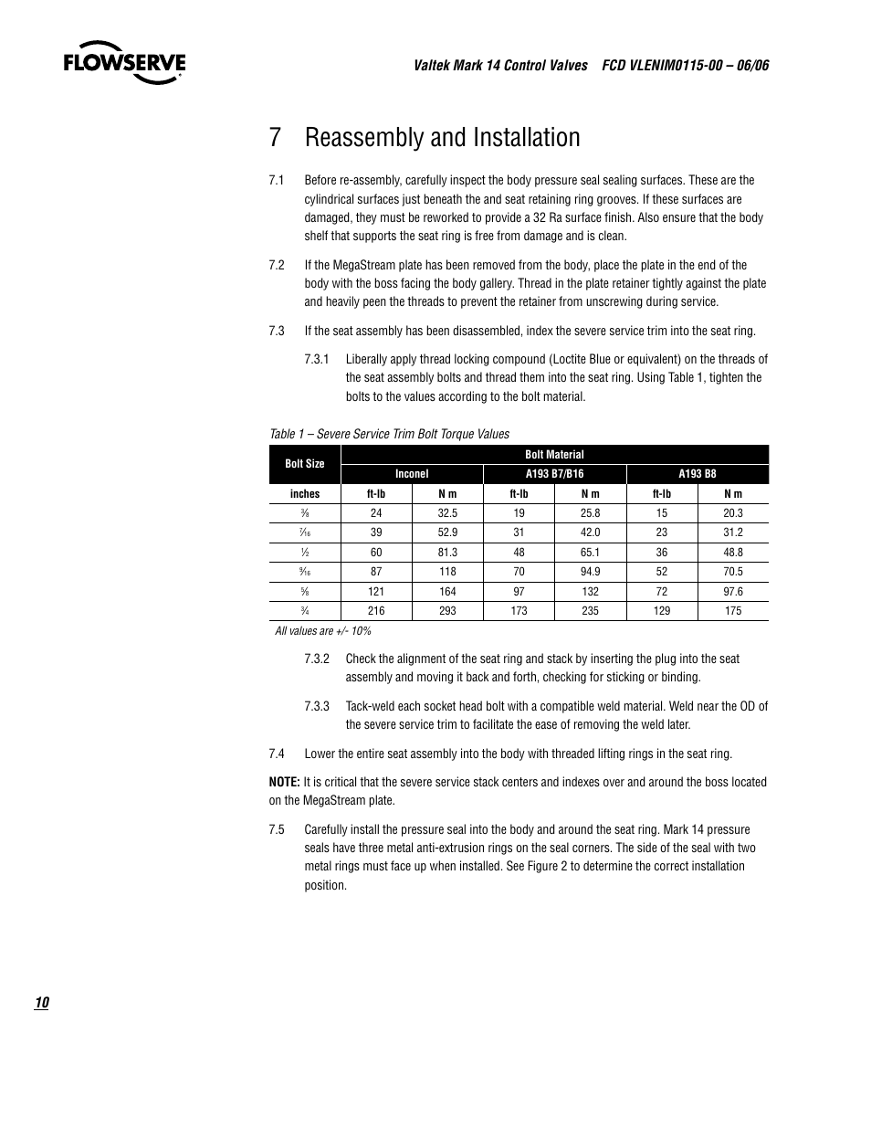 7 reassembly and installation | Flowserve Valtek Mark 14 User Manual | Page 10 / 16