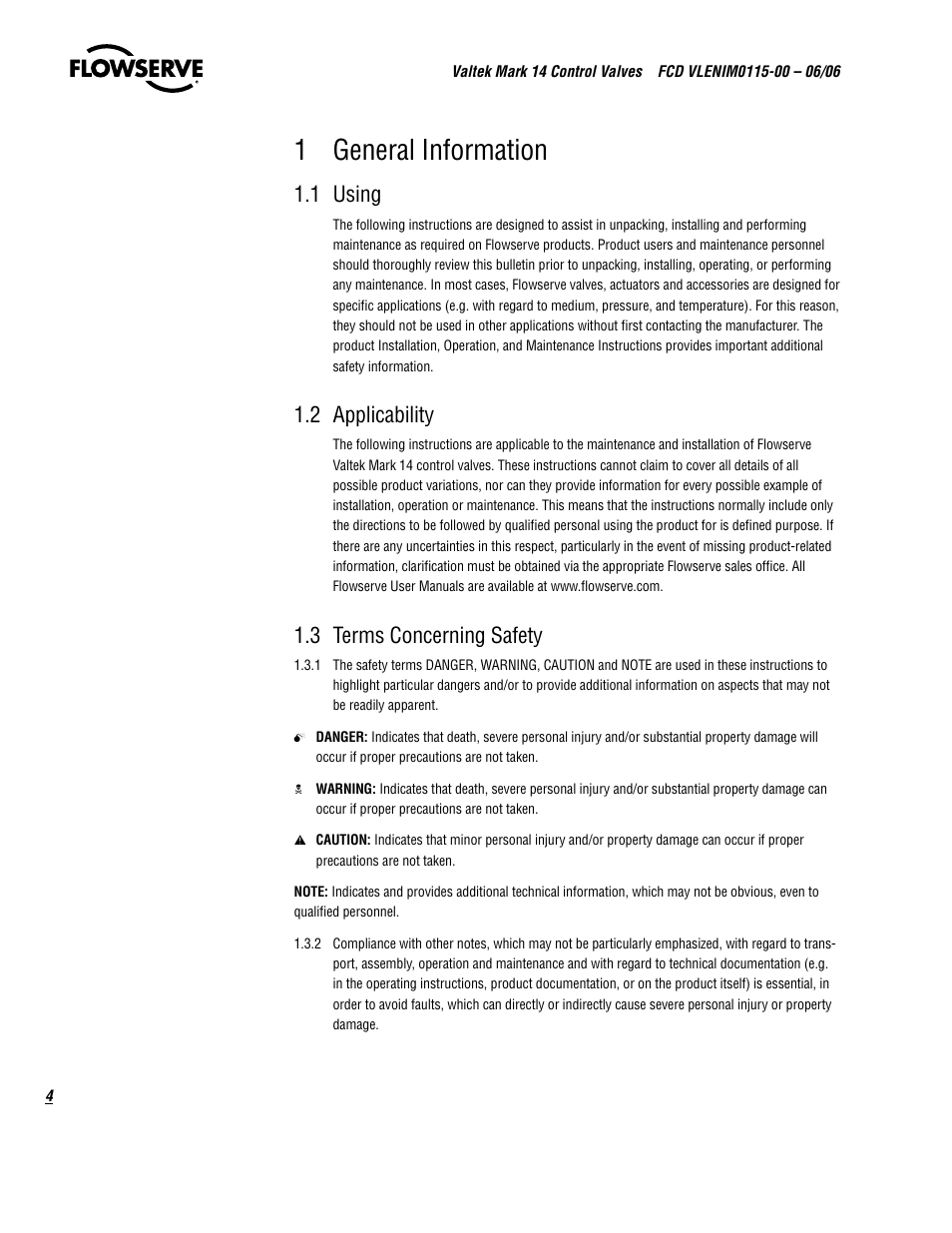 1 general information, 1 using, 2 applicability | 3 terms concerning safety | Flowserve Valtek Mark 14 User Manual | Page 4 / 16