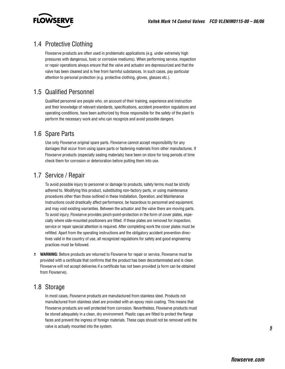 4 protective clothing, 5 qualified personnel, 6 spare parts | 7 service / repair, 8 storage | Flowserve Valtek Mark 14 User Manual | Page 5 / 16