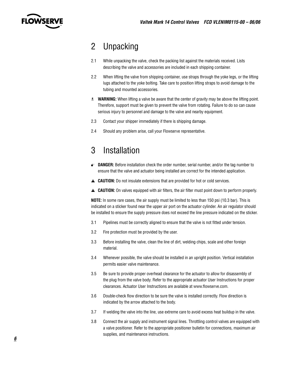 2 unpacking, 3 installation | Flowserve Valtek Mark 14 User Manual | Page 6 / 16