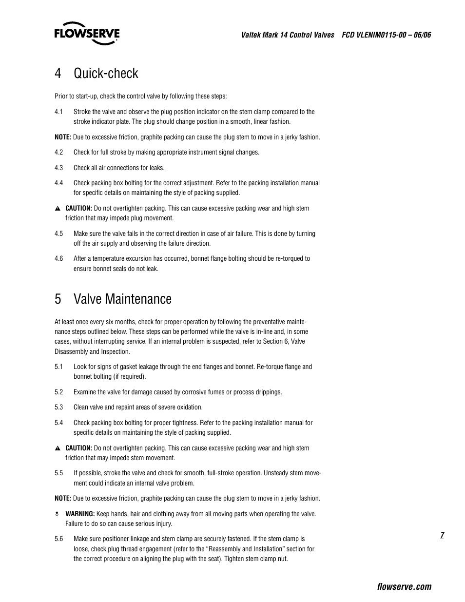 4 quick-check, 5 valve maintenance | Flowserve Valtek Mark 14 User Manual | Page 7 / 16