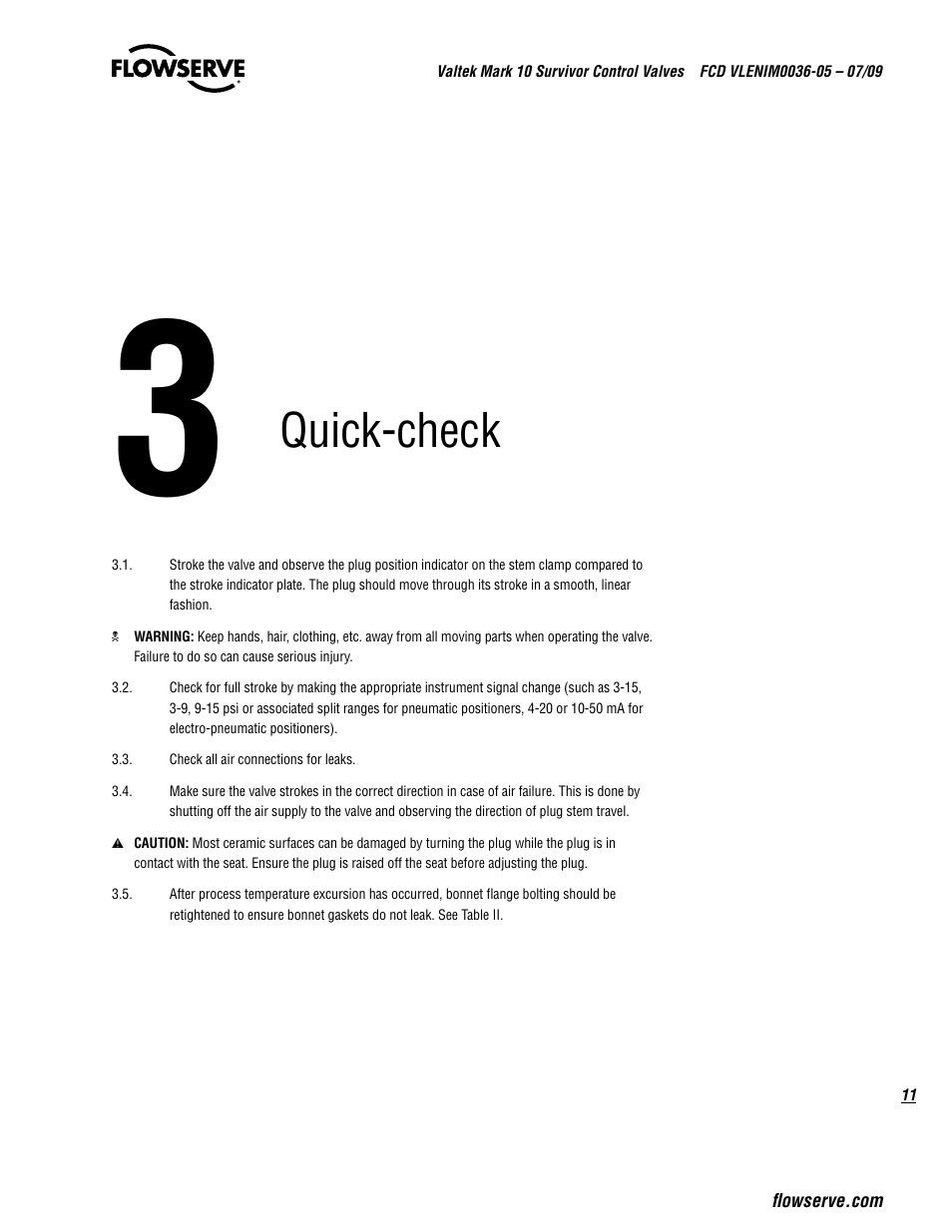 Quick-check | Flowserve Valtek Mark 10 Survivor Control Valves User Manual | Page 11 / 20
